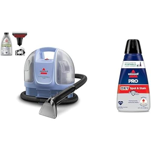BISSELL Little Green Mini Limited Edition Color Lake Blue, 4075F + Bissell Professional Spot and Stain + Oxy Portable Machine Formula, 32 oz, Single, 32 Fl Oz