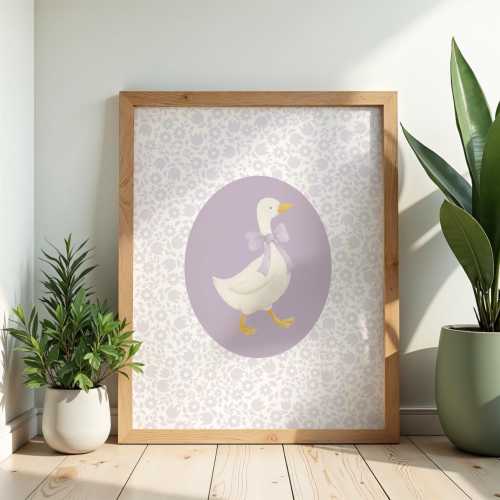 Silly Goose Nursery Print, Lilac Purple Goose Wall Art, Cottagecore Floral Nursery Decor, Baby Girl Room Art, Whimsical Nursery Wall Art