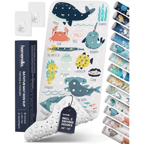 Bath Tub Mat Non Slip Anti Mold for Kids BPA Free INCL Hooks - homerella® Ocean Sea Animals 28x16, Baby Bath Mat Non Slip 200 Suction Cups, Non Toxic Machine Washable Toddler Bath Mat, EU Certified
