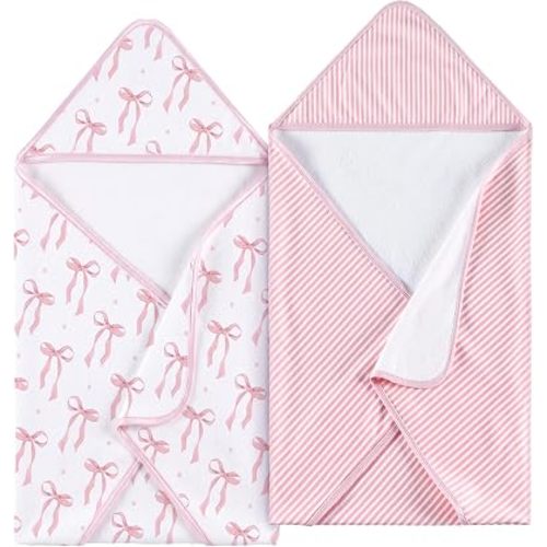 Chumia 2 Pack Pink Bow Baby Hooded Towels Baby Girl Bath Towel 29 x 29 Inch Organic Cotton Soft Absorbent for Newborn Infant Toddler Kids Bath Essentials Gifts Pink Bow Stripe