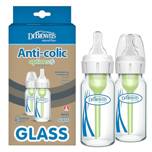 Dr. Brown's Anti-Colic Options+ Narrow Glass Baby Bottle with Level 1 Slow Flow Nipple, BPA-Free, 4 oz/120mL, 2-Pack