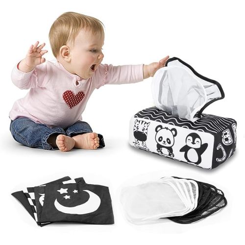 Yeeeasy Baby Tissue Box Toy High Contrast for Newborn Black and White Montessori Toy for Babies 3 Months Sensory Tissue Box
