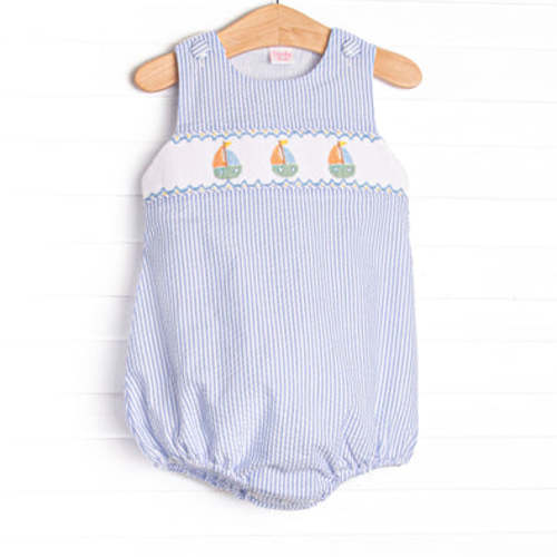 Coastal Cruise Smocked Bubble, Blue Seersucker – Stitchy Fish