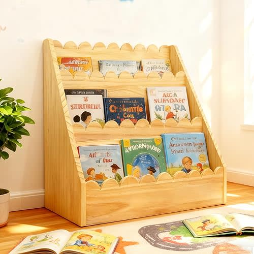 LILXIU 3-Tier Scalloped Bookshelf, Montessori Bookcase for Toddlers, Wooden Book Shelf for Kids Rooms, Playroom Nursery Classroom Organizer and Display Furniture