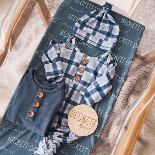 Paxton's Plaid Newborn Baby Knot Gown & Hat Set | Caden Lane
