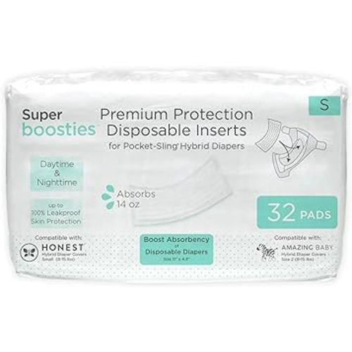 Overnight Diaper Leak Stopper, Super Boosties Disposable Inserts, Use with Pampers Sizes 2-6, Honest Hybrid Diaper Cover Sz Small, Amazing Baby Cover Sz 2, Pocket-Sling Compatible, 4.3x11 in, 32 count