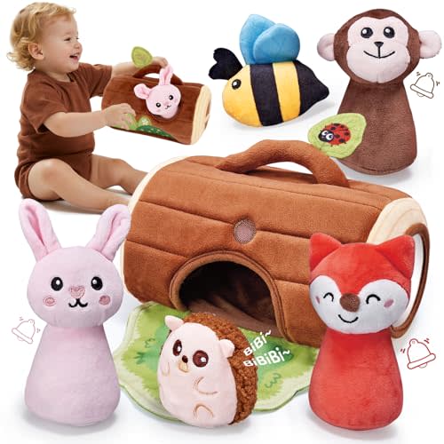 CuteZone Baby Toys 6-12 Months - Jungle Soft Plush Stuffed Animal Set with Rattle, Squeaker & Mirror - Montessori Sensory Toys for Babies Ball 6 7 8 9 Months, Baby Christmas Birthday Boy Girl Gifts