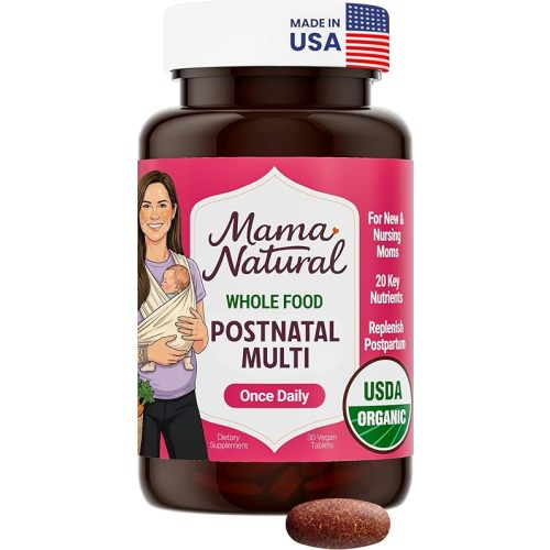 Mama Natural Organic Postnatal Vitamins for Women | One A Day Whole Food Postnatal Multivitamin for Breastfeeding & Postpartum Support | Non-GMO with Iron, Iodine & Moringa | 30 Servings
