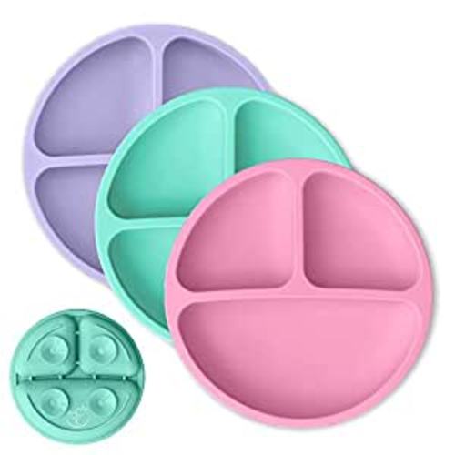 Amazon.com : Hippypotamus Toddler Plates with Suction - Baby Plates - 100% Food-Grade Silicone Divided Plates - BPA Free - Microwave & Dishwasher Safe - Set of 3 (Pink / Mint / Lavender) : Baby