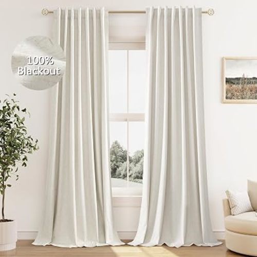 Cream Linen Blackout Curtains 84 Inch Length 2 Panels Set for Living Room Bedroom Back Tab Thermal Insulated 100% Black Out Drapes Room Darkening Window Curtain Ivory Natural Beige