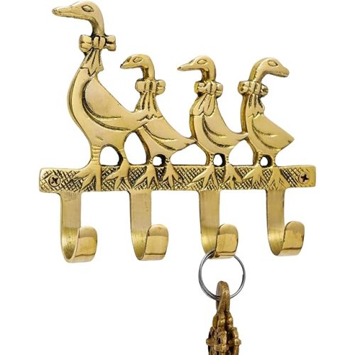 Indian Shelf Solid Brass Vintage Mother Baby Geese Key Holder - Decorative Duck Coat Rack Wall Mounted - Unique Gold Wall Hooks for Heavy Duty Accessories