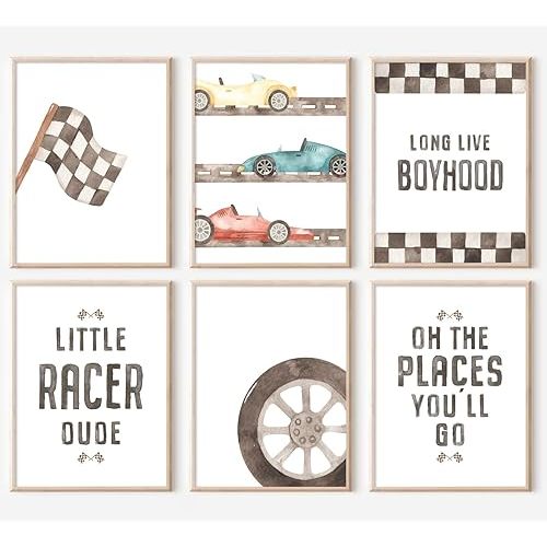 Pennclys Race Car Wall Art Boys Room Canvas Wall Decor Vintage Nursery Wall Art Vehicle Prints Kids Toddler Poster Retro Car Pictures for Boys Bedroom Playroom 8x10x6 Inch Unframed