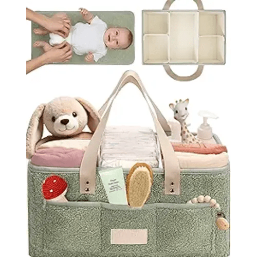 Baby Diaper Caddy Organizer with Portable Changing Mat - Teddy Fleece Diaper Organizer for Changing Table - Basket for Changing Essentials - Baby Essentials Organizer with Removable Dividers