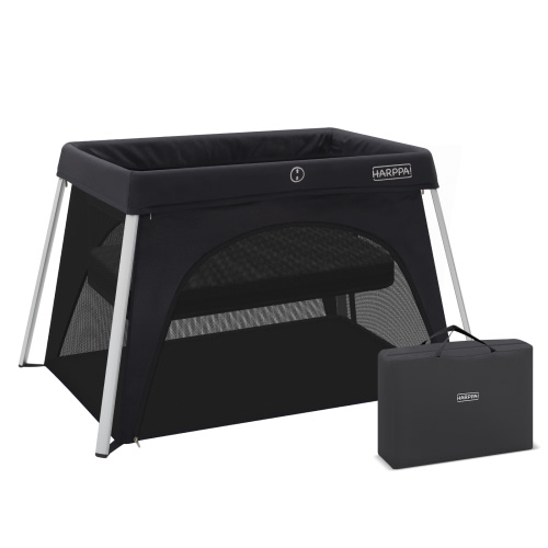 HARPPA Portable Travel Crib for Baby, Foldable Travel Playard with Mattress, Lightweight, Black