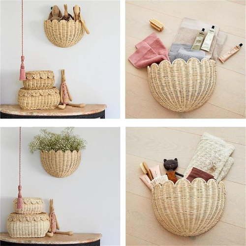 Scalloped Wall Basket,Hanging Hand Woven Wicker Wall Basket with Metal Frame & Hook, Scalloped Rattan Wall Storage & Decor for Home decoration (14"x6"x8", 2pcs)