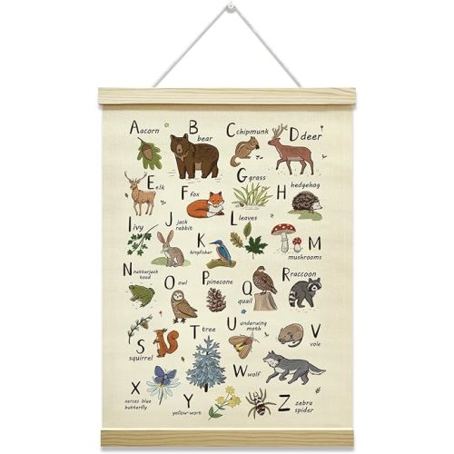 Woodland Animal Alphabet Poster Hanger Frame, ABC Posters for Kids, Toddlers Educational Wall Hanging Decor, Canvas Poster with Wood Frame, Home Nursery Preschool Classroom Wall Decor, 12x16 Inches -39