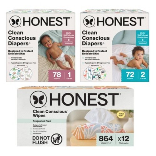 The Honest Company Plant-Based Baby Wipes 864ct + 72ct Clean Conscious Disposable Diapers Size 2 + 78ct Clean Conscious Disposable Diapers size 1