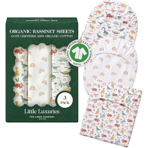 100% Organic Cotton Bassinet Sheets, 30" x 18", Jurassic Joy, 3-Pack | GOTS Certified, Soft Breathable Percale Weave, Universal Fits Standard Oval & Rectangular Mattress - for Boys & Girls