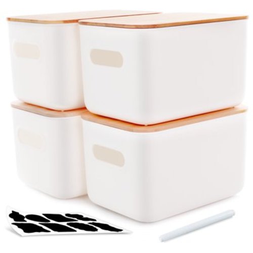 Kerhouze Stackable Storage Bin with Bamboo Lids 4 Packs White