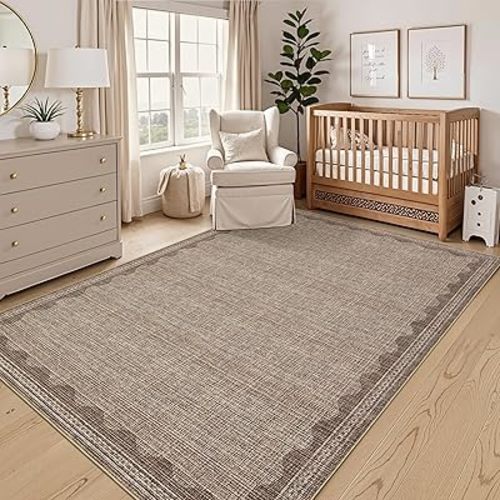 GarveeHome 4x6 Rug Non-Slip Washable Low-Pile Carpet - Scalloped Solid Coffee Modern Minimalism Rugs for Bedroom Living Room Nursery Kitchen Entryway Indoor Mat with Rubber Back