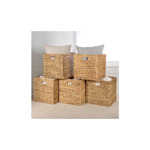 Bryce Classic Farmhouse Handwoven Hyacinth Collapsible Storage Cube Baskets with Handles,