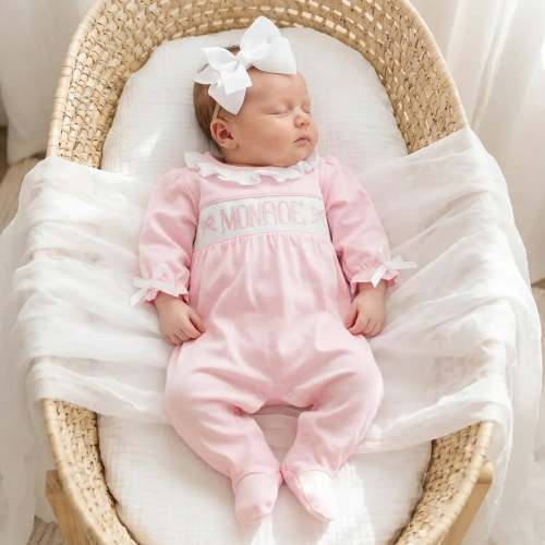Pink Bow Name Smocked Knit Footie – Little Bear Smocks