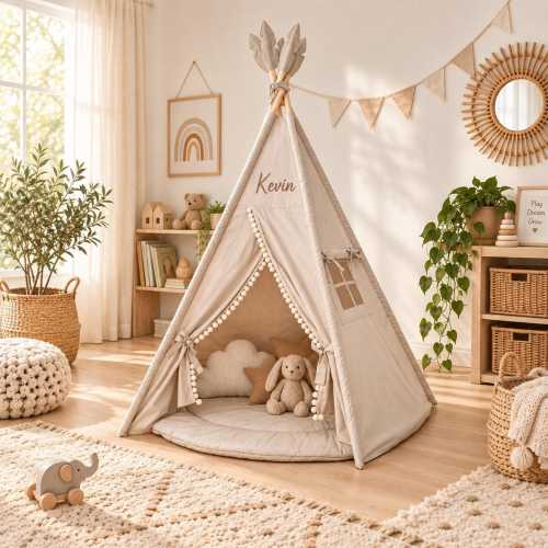 5-Panel Beige Teepee Tent for Kids | Roomy Play Tent with Mat, Custom Name