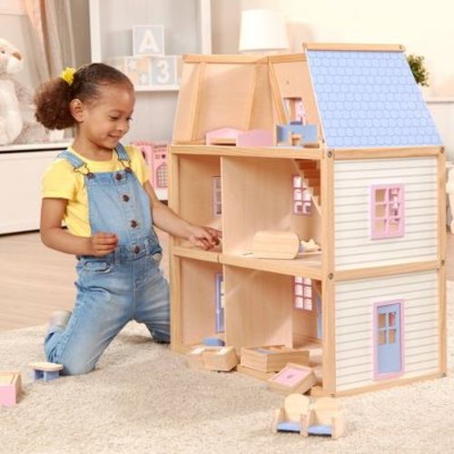 Melissa & Doug Modern Wooden Multi-Level Dollhouse with 19pc Furniture - White