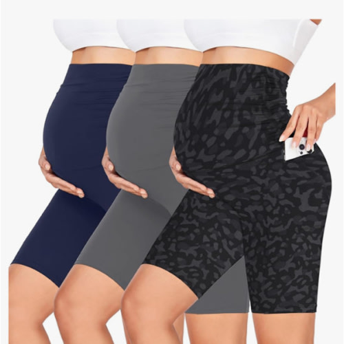 GROTEEN 3 Pack Women's Maternity Shorts Over Belly with Pockets - 8'' High Waisted Workout Yoga Pregnancy Biker Shorts
