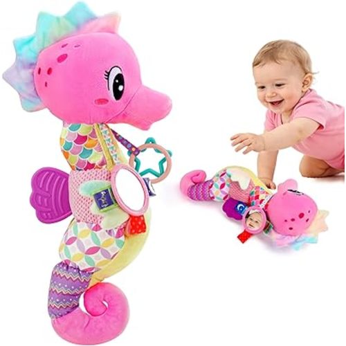 Baby Girl Toys 0-6 Months Musical Seahorse Stuffed Animal Tummy Time Toys for Infant 3-6 6-12 Months with Baby Mirror Sensory Newborn Crinkle Developmental Pink Toy Birthday Shower Gifts 0-3 4 5 Month