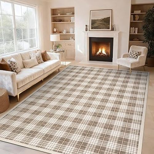 GarveeHome Checkered Area Rugs 5x7 for Living Room, Machine Washable Non Slip Backing Rug, Stain Resistant Low-Pile Indoor Outdoor Carpet for Bedroom Dining Room Office Nursery Beige