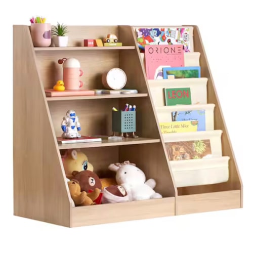 SKYSHALO 4-Tier Kids Wooden Bookshelf, Brown 6-Layer Sling Bookcase, Kid Storage Book Rack, Toy Organizer Cabinet, for Kids ETCWSJ914714WFZI1V0-SK0211