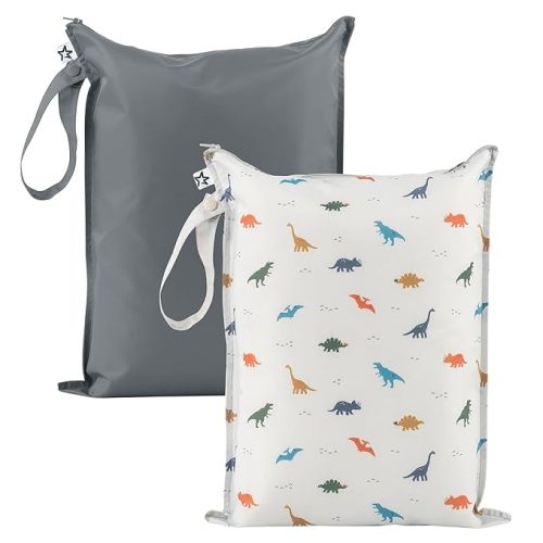 Tiny Twinkle Mess Proof Wet Bags | 2-Pack Reusable Waterproof Wet Bags for Swimsuits | Baby Clothes | Travel & Diaper Bag (Dinosaur)