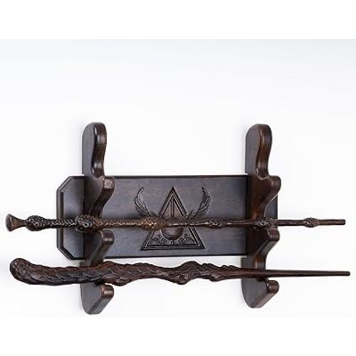 Handicraftviet Wand Display Stand Wall Mount, Handmade Carved Wooden Holder Wands 3 Tiered for Collection, Black (3 slot wand stand)