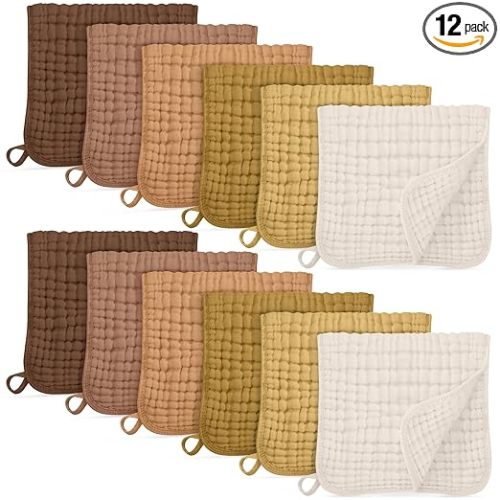 Unnivoll Muslin Burp Cloths for Baby 100% Cotton Burping Cloths for Boys Girls Large 20''X10'' Extra Soft and Absorbent 12 Pack - Gradient Brown
