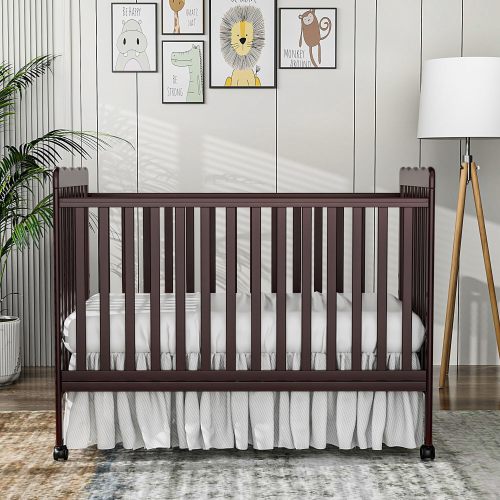 Baby Convertible Crib 3 In 1, Converts from Baby Crib to Toddler Bed, New Zealand Pinewood Baby Bed with Locking Wheels and Teething Rail, Crib with 4 Height Adjustment and Non Toxic Finish, Espresso