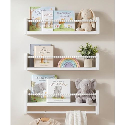 Nursery Book Shelves for Wall Set of 3, White Natural Wood Bookshelf Wall Decor, Small Floating Shelf Organizer for Kids Room, Bedroom, Kitchen Spice Rack