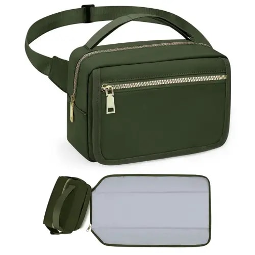 printe Small Diaper Bag with Portable Changing Pad, Crossbody Diaper Bag Pack with Wipes Pocket, Women Waist Bag for Travel (Olive Green, Large)