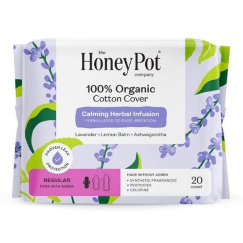 The Honey Pot Company 100% Organic Cotton Cover Calming Herbal Infusion Regular Pads - 20ct