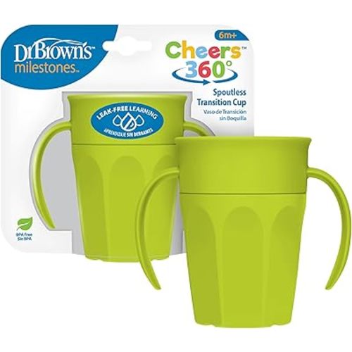 Dr. Brown's Milestones Cheers 360 Spoutless Transition Cup with Handles, Travel Friendly and Leak Free Sippy for Babies and Toddlers, Green, BPA-Free, 7 oz/200 mL, 6m+