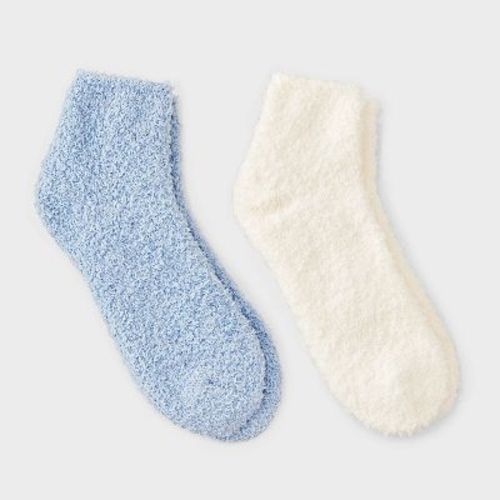 Women's Solid 2pk Cozy Ankle Socks - Auden™ Ivory/Blue One Size