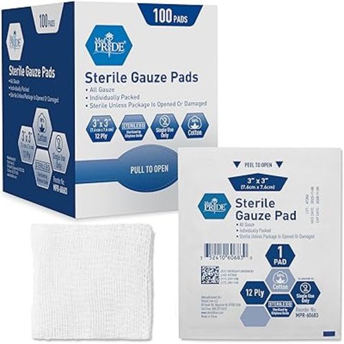 MED PRIDE 3" x 3" Sterile Gauze Pads for Wound Dressing|100-Pack, Individually Packed Pouches|12-Ply Cotton & Highly Absorbent|Gauze Sponge-Pads for Wound Care & Home First Aid Kits