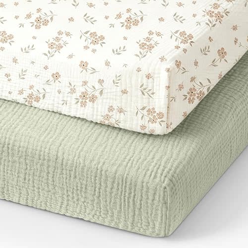 Organic Pack and Play Sheets Fitted 38”x26” 100% Muslin Cotton, Mini Crib Sheets Compatible with Graco/hiccapop/YENING/Dream On Me/Babylicious Pack N Play Mattress, Playard Bedding Sheet Bed Cover