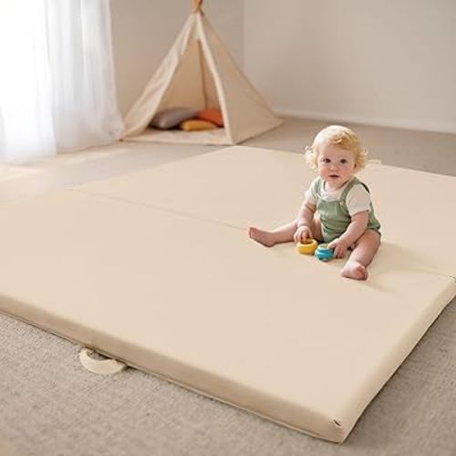 Bella’s Friends Foldable Baby Play Mat for Floor, 47"x47" Vegan Leather Playpen Mat, 1.5" Extra Thick Foam, Non-Toxic, Wipe-Clean, Travel-Ready, Non-Slip Crawling Mat for Kids Toddlers&Infants, Beige