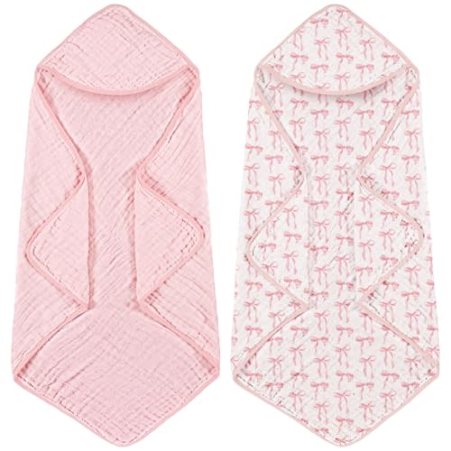 Hahafelt 2 Pack Pink Bow Baby Towels for Newborn 100% Muslin Cotton Baby Bath Towel with Hood for Babies, Infant, Toddler and Kids, Large 32x32inch, Soft and Absorbent Kids Essential