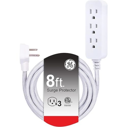 GE 3-Outlet Power Strip Surge Protector 8 Ft Braided Long Cord Extension Cord Surge Protector Power Strip Flat Plug Extension Cord 250 Joules UL Listed White 38433