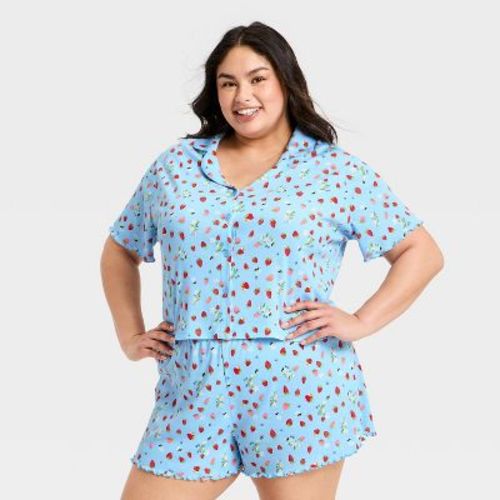 Women's Notch Collar Shirt and Shorts Pajama Set - Wild Fable™ Blue Strawberry Printed 1X