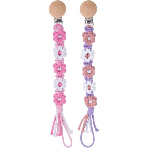 Pacifier Clip for Boys Girls Floral Daisy Macrame Baby Paci Clip Pacifier Holder Leash Boho Wooden Clips Handmade Braided Cotton Binky Clips (2pack:Pink Daisy & Lavender Style A)