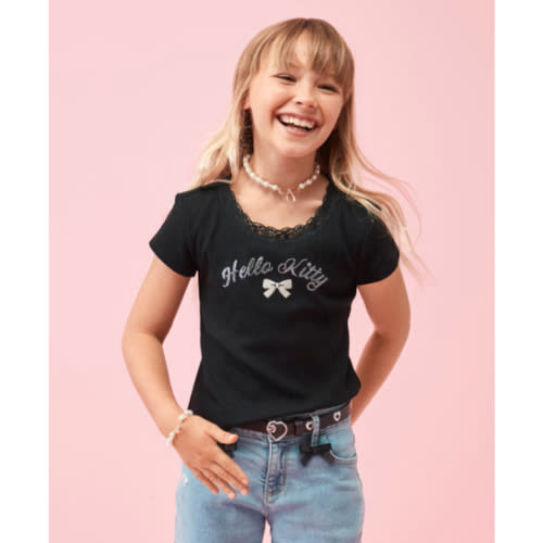 Girls Short Sleeve Hello Kitty Embellished Ribbed Baby Tee - BLACK | The Children's Place