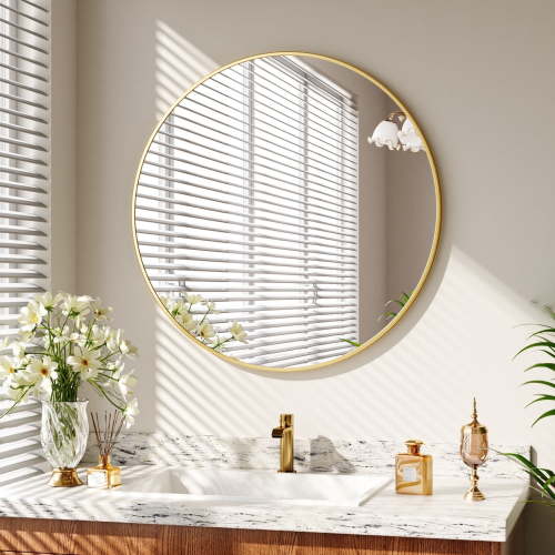 YVANLA 30" Rounded Bathroom Wall Mirror Vanity Mirror,Gold